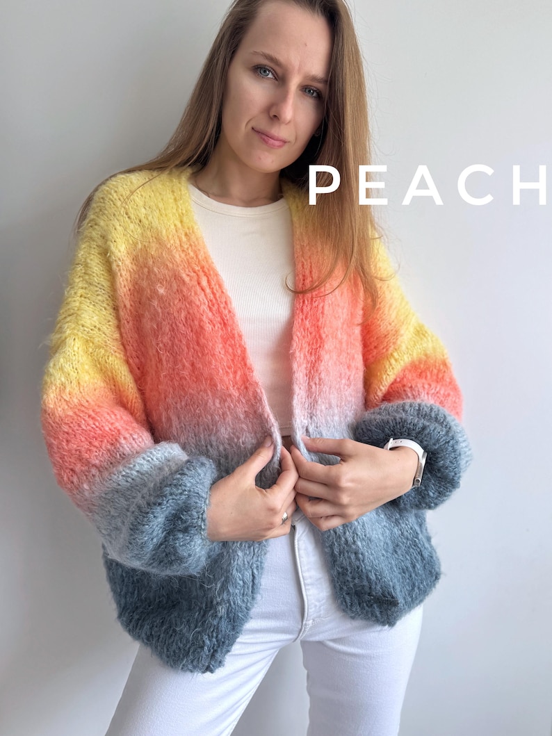 Rainbow sweater for women Chunky knit cardigan Mohair stripped cardigan Cropped hand knit summer cardigan Multicolored Sea blue cardigan image 10