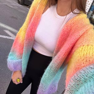Rainbow cardigan women Bright striped cardigan sweater Handmade cardigan Multi colored cardigan Oversized rainbow cardigan Handknit sweater