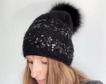 Angora Wool Beanie: Christmas Snowflake Crystal Winter Hat  display picture 3