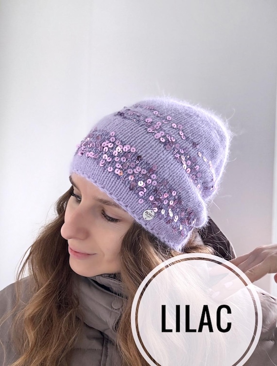 Sequined Handknit Angora Beanie Blingy Lilac Winter Hat for  display picture 2
