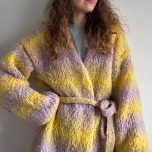 mohair chunky knit oversized cardigan yellow and purple cardigan for women rainbow cardigan colorful cardigan handmade knitted sweater
