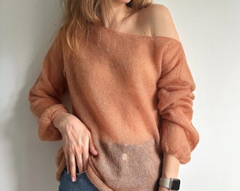 One shoulder knitted sweater for women Off the shoulder sheer mohair sweater See through loose sweater Lightweight oversized women jumper
