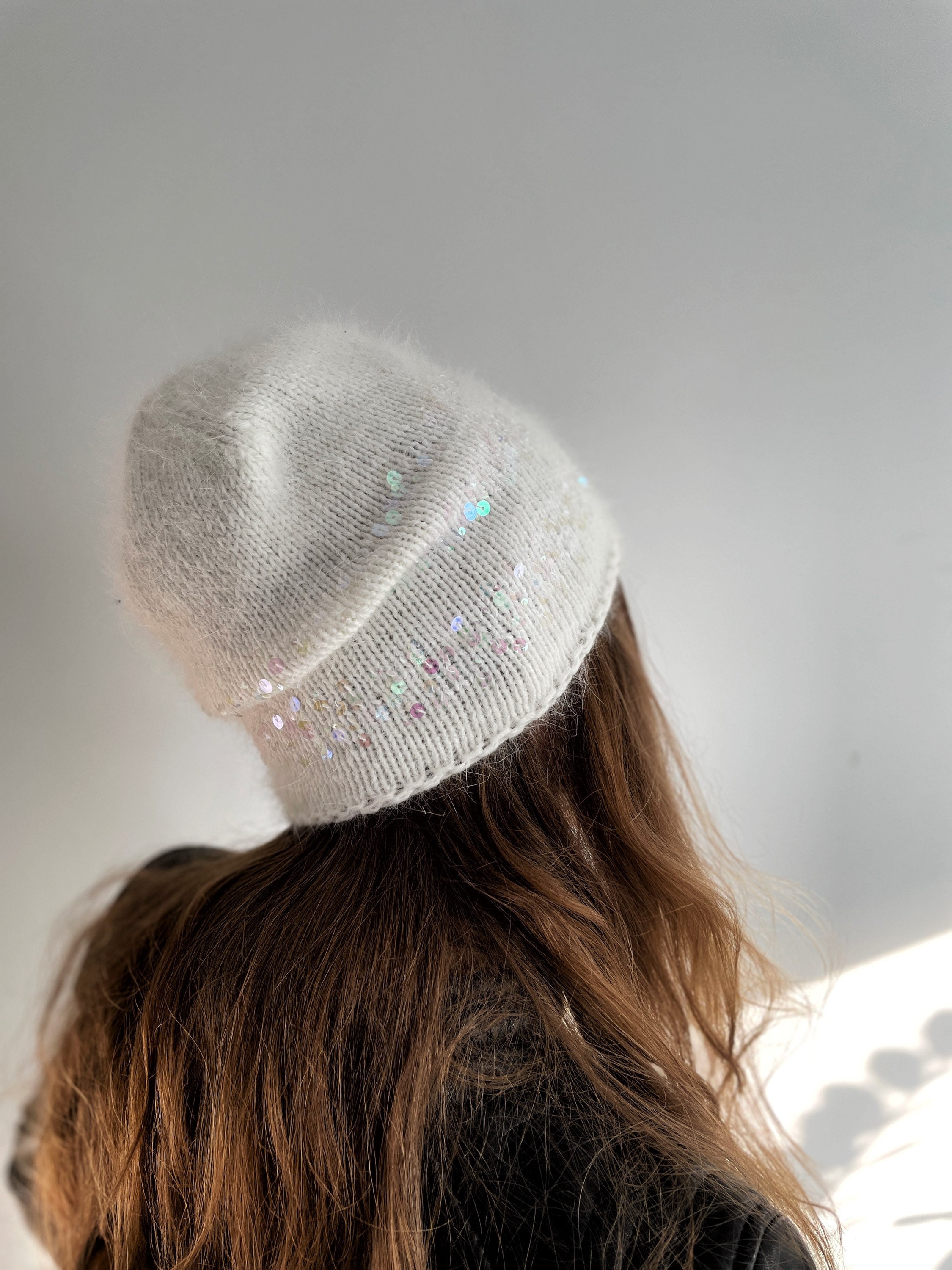 White Beanie Hat With Sequins / Sequin Embellished Hat