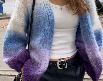 Trui met kleurverloop Handgebreide regenboogtrui Grof gebreid vest Ombre gestreept vest Vest met kleurovergang Veelkleurig felgebreid vest