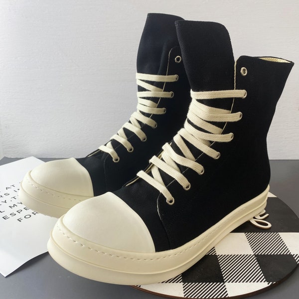 Custom Rick Owens Shoes, Rick Owens Canvas Men's Shoes, Black Canvas Men's Shoes, Unisex Thick Sole High Top Canvas Shoes, Gift for Him