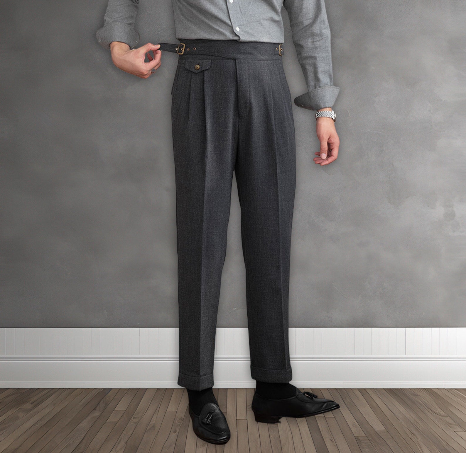 Men Polyester Gurkha Pants, Adjustable Buckle High Waist Front Pleated ...