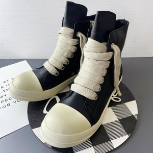 Custom Rick Owens Shoes, Rick Owens Leather Men's Shoes, Black High Top Leather Shoes, Unisex Lace Up Casual Short Sneakers, Gift for Him