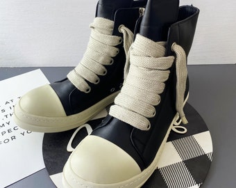 Custom Rick Owens Shoes, Rick Owens Leather Men's Shoes, Black High Top Leather Shoes, Unisex Lace Up Casual Short Sneakers, Gift for Him