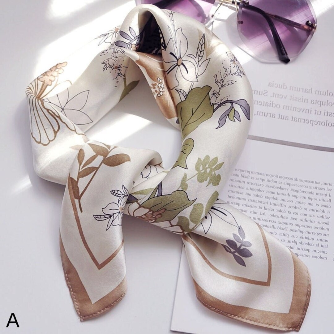 100% Silk Scarf Vintage Flower Print Kerchief Color Block Bandana Turban  53*53cm
