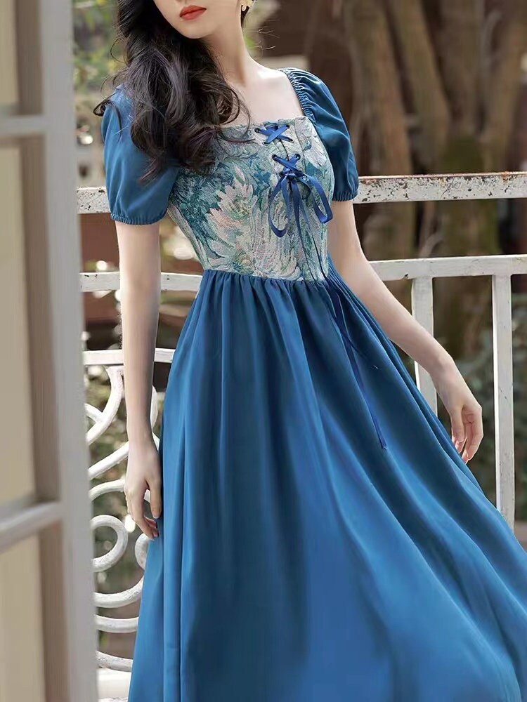 Klein Blue Renaissance Dress Puff Sleeve Victorian Dress Etsy