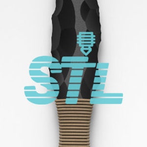 May include: A black and grey stone hand axe with a brown rope handle. The axe is a 3D printed model.