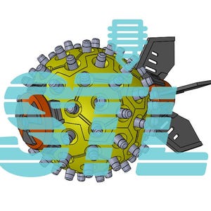 May include: A yellow, spherical object with gray cylindrical protrusions and a black fin-like structure. The object has an orange ring and is overlaid with light blue horizontal and vertical shapes. The design is on a white background.