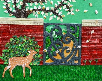 May include: A mixed-media artwork featuring a tree with white and gold-flecked leaves, a red brick wall, and a decorative black gate. A spotted fawn walks on green grass. A full moon is in the sky.