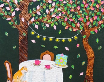 May include: A whimsical artwork depicts a nighttime garden scene. Two trees with green and pink leaves frame a table set for tea, with a cake and two cups. A cat sits on a chair, and a dog plays nearby. A string of lights hangs above.