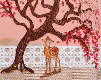 May include: A mixed-media artwork featuring a brown tree with textured bark and colorful leaves in shades of red, pink, and gold. A small fawn with white spots stands near a white woven fence. The background is a soft pink.