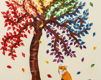 May include: A colorful tree art piece with a brown trunk and branches adorned with leaves in various colors. A fox sits beneath the tree on a green hill. The artwork has a textured appearance and a white background.