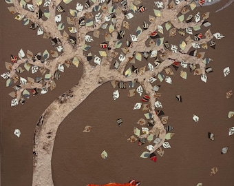May include: A mixed media artwork on canvas featuring a textured tree with multi-patterned leaves, a bright orange fox walking on a light green ground, and a large white moon against a solid brown background. The scene includes falling leaves.
