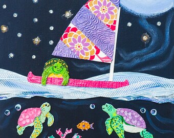 May include: A whimsical painting depicts a nighttime ocean scene with a sailboat and turtles. The sailboat has a purple and floral patterned sail. Two turtles swim underwater, and a smiling turtle is on the boat. The background is a dark blue with stars.