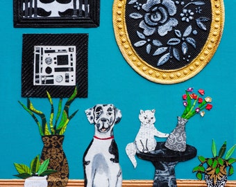 May include: A whimsical collage featuring a Dalmatian dog, a white cat, and various decorative elements. The artwork includes framed images with mustache and geometric designs, vases with plants, and a table with a vase of flowers. The background is teal.
