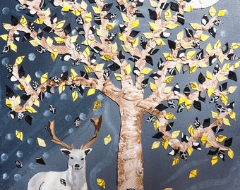 May include: Mixed media artwork featuring a white deer standing near a textured tree with gold, black, and white leaves. A full moon is in the background. The artwork is on a dark gray background.