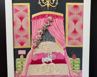 May include: A framed artwork depicting a bedroom scene. The bed features pink pillows and a pink canopy adorned with roses. A white cat with a bow sits on the bed. The room has a black background with gold accents and a chandelier.