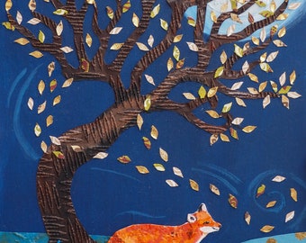 May include: An original mixed media artwork featuring a stylized orange fox beneath a textured brown tree with gold and tan leaves. The background is a deep blue with a full moon and a textured blue ground with gold dots.