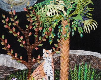 May include: Mixed media artwork depicting a leopard sitting under a palm tree and a tree with pink and brown leaves. The background is black with a textured moon and a stone wall. The leopard has a tan coat with black spots.