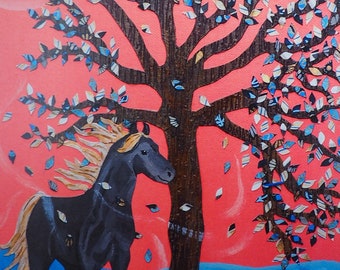 May include: An artistic painting of a black horse standing near a tree with blue and white leaves. The background is a gradient of red and blue, with a white sun in the upper left corner. The horse has a blonde mane and tail.