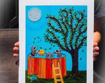 May include: Whimsical art print featuring three raccoons in a hot tub under a tree. The artwork has a blue sky background with a textured moon. The hot tub is orange and red with a yellow ladder. The tree has green leaves.