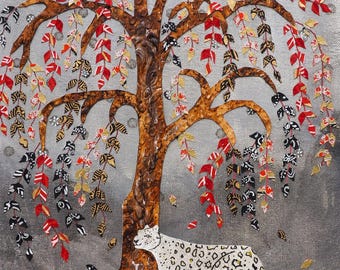 May include: A mixed media artwork featuring a textured brown tree with patterned red, black, and gold leaves against a gray background. A white leopard with black spots stands at the base of the tree, and a white embossed moon sits in the upper left corner.