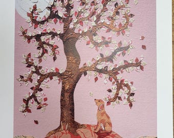 May include: A collage art print on a pink background featuring a textured brown tree with patterned leaves falling. A small tan dog sits at the base of the tree on a red floral mound. A white embossed circular moon and map fragments are visible.