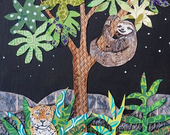 May include: A mixed-media artwork depicting a jungle scene at night. A sloth hangs from a textured tree, with a jaguar resting below. The artwork features layered paper cutouts in shades of green, brown, and yellow against a black background.