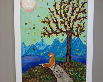 May include: A framed mixed media artwork featuring a fox sitting on a path in a landscape with a tree, blue mountains, and a pale sun. The tree has colorful patterned leaves, and scattered leaves are blowing across a light green sky.