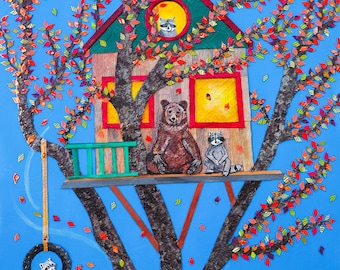 May include: A whimsical painting of a treehouse with a bear and raccoon on the porch. A raccoon peeks from a window. The tree has colorful leaves and a tire swing. The background is a bright blue sky.