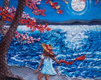 May include: A textured painting depicts a figure on a beach with a red ribbon, under a tree with red and gold leaves. The ocean is blue, and a white moon is in the night sky. The figure wears a blue dress and a straw hat.