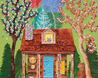 May include: A mixed-media artwork depicting a brown cabin with a blue door, a raccoon in the attic window, and another raccoon on the porch. A brown bear holds a basket near a tree. The scene features a green background, colorful trees, and a white moon.