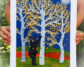 Bear in the Aspen Trees.  Print of original collage.