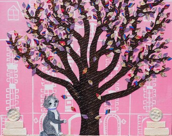 May include: A mixed media artwork featuring a gray cat with a purple collar, seated on a stone ledge. A large tree with colorful leaves dominates the scene against a pink background with architectural details.