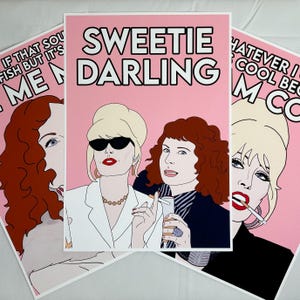 May include: Three pink prints with images of women in different poses. The top print has the text "Sweetie Darling" in white letters. The left print has the text "If that sounds fish but it's me now" in black letters. The right print has the text "Whatever I do I'm cool because I'm cool" in black letters.