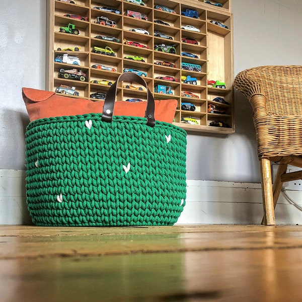 Green storage basket, cord basket, woodland, Kosz ze sznurka, pokoj dziecka. przechowywanie.