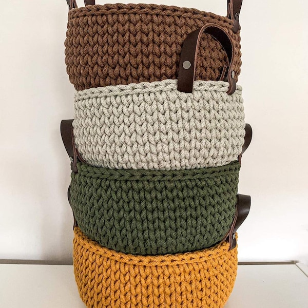 Crochet handles basket. handmade, home storage.