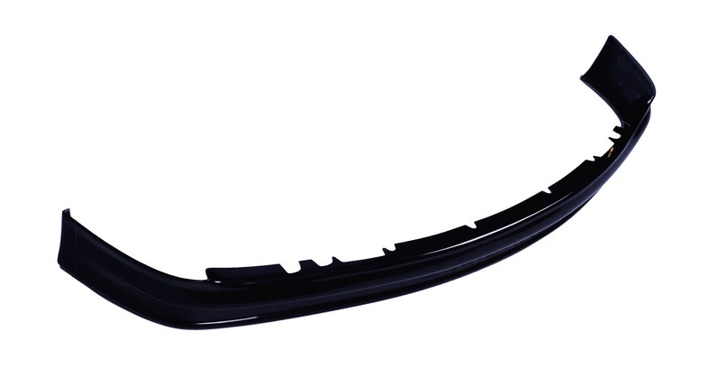 May include: A black plastic car bumper spoiler with a smooth, curved design.