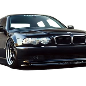 May include: A black BMW 7 Series sedan with aftermarket wheels and a custom front bumper. The car has a black grille and headlights. The car is sitting on a white background.