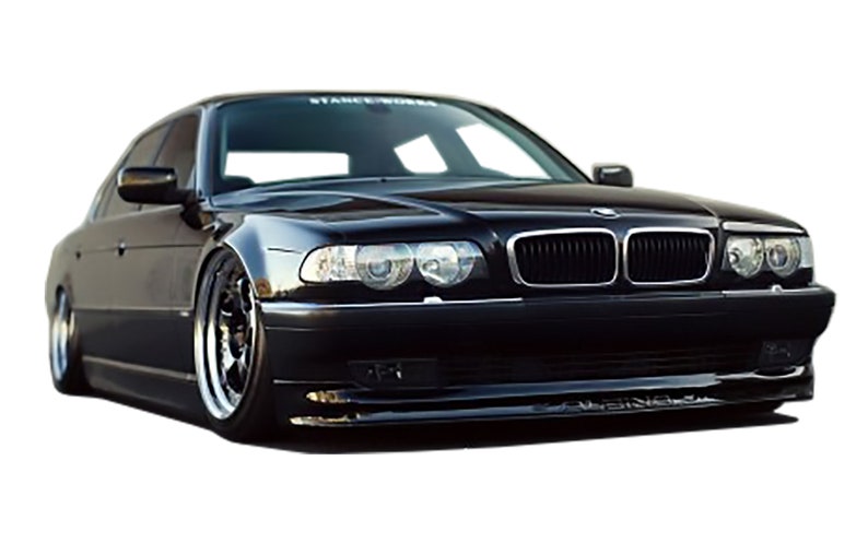 May include: A black BMW 7 Series sedan with aftermarket wheels and a custom front bumper. The car has a black grille and headlights. The car is sitting on a white background.