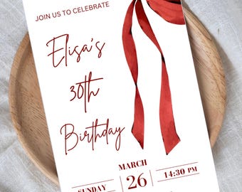 Red Bow Birthday Invitation: Customizable Party Invite (Digital Download)