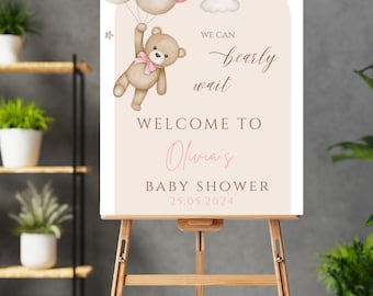 Pink Bear Baby Shower Welcome Sign: Modern Balloons (Digital)