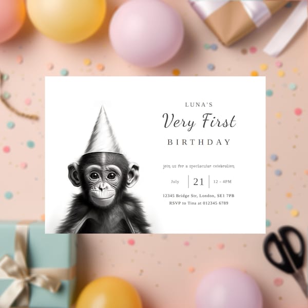 Baby Chimpanzee Birthday Invitation, Printable and Digital Chimp party invite, Instant Digital Download, customizable animal themed invite