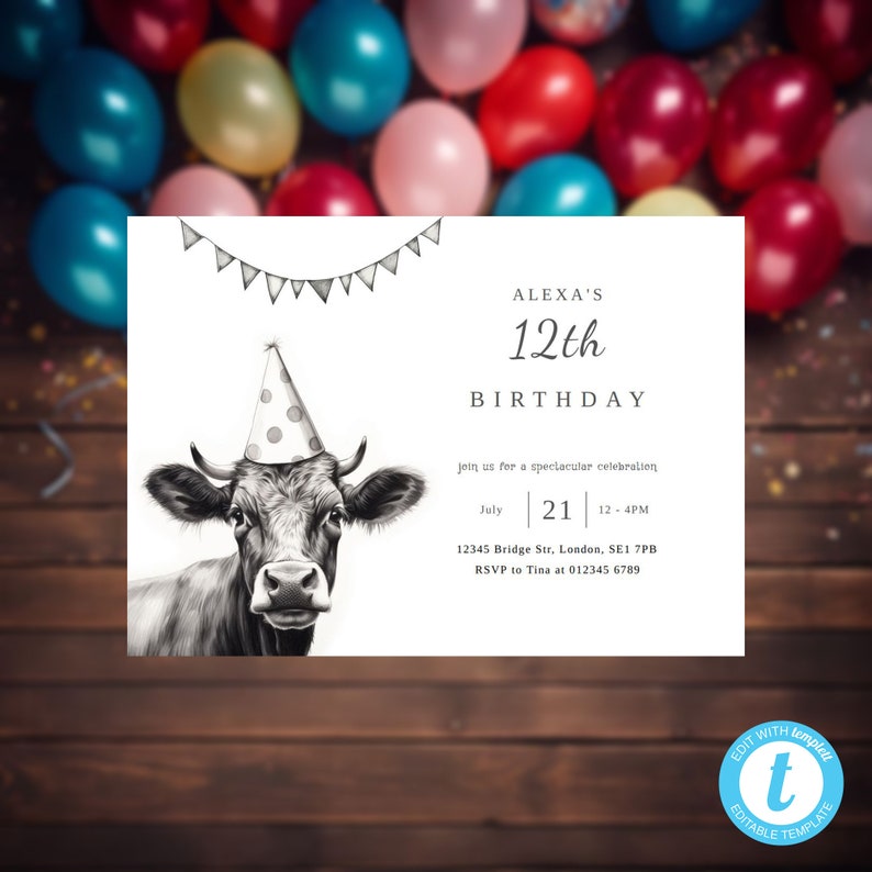 Cow Birthday Party Invitation, Instant Digital Download, Printable ...