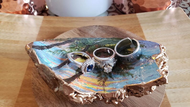 jewelry dish tray Large decoupaged Clam shell trinket dish ring bowl