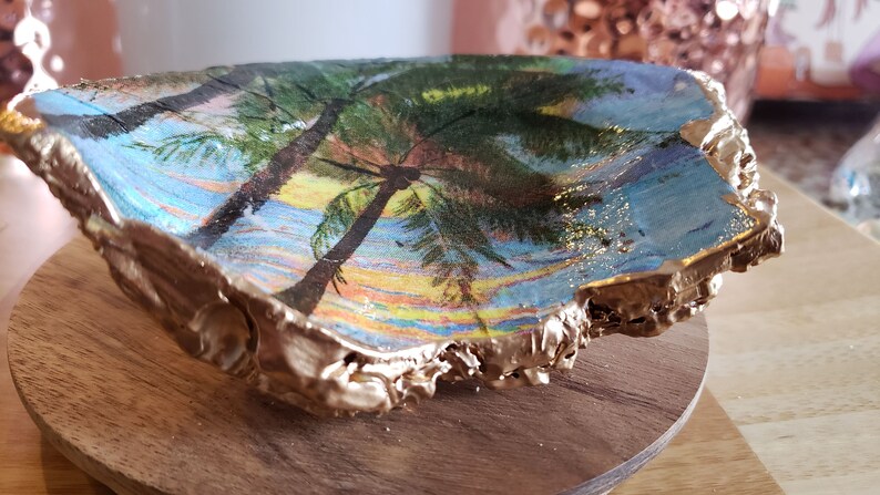 jewelry dish tray Large decoupaged Clam shell trinket dish ring bowl